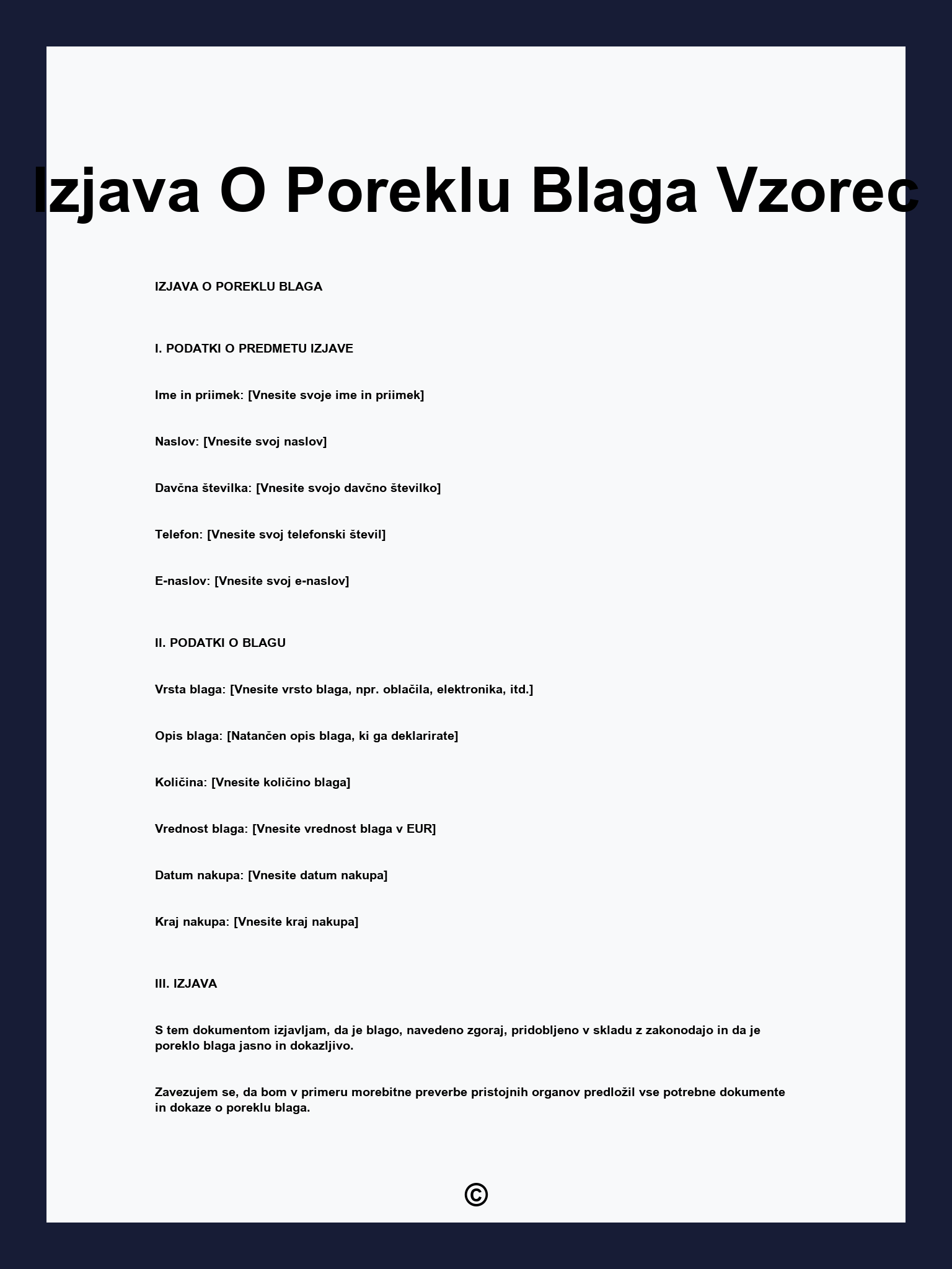 Izjava O Poreklu Blaga Vzorec