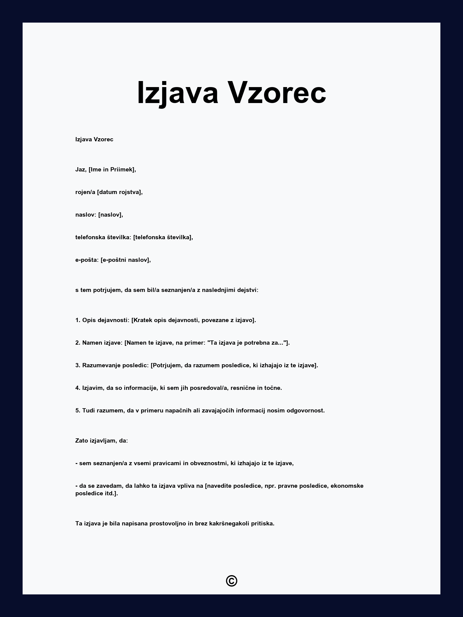 Izjava Vzorec