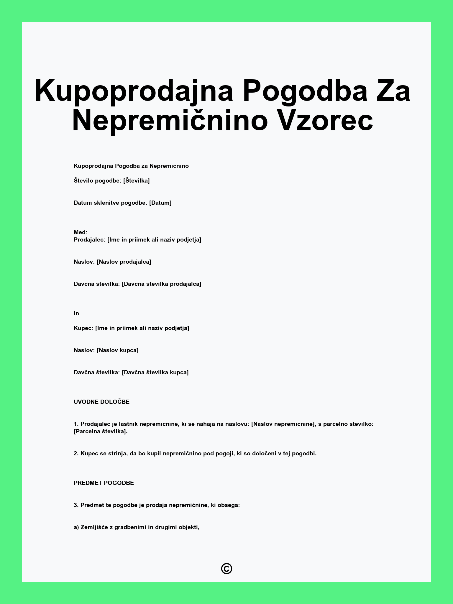 Kupoprodajna Pogodba Za Nepremičnino Vzorec