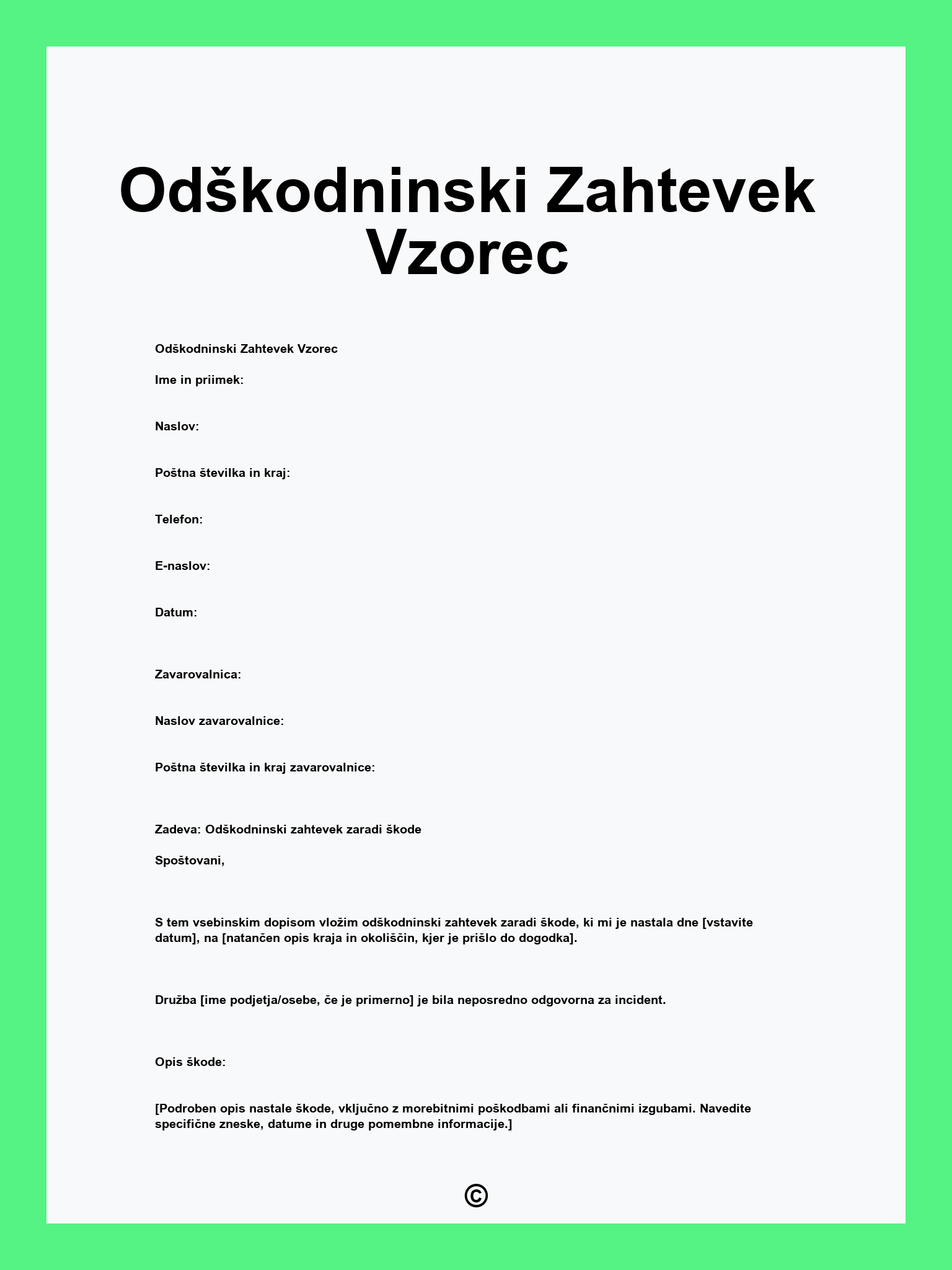 Odškodninski Zahtevek Vzorec