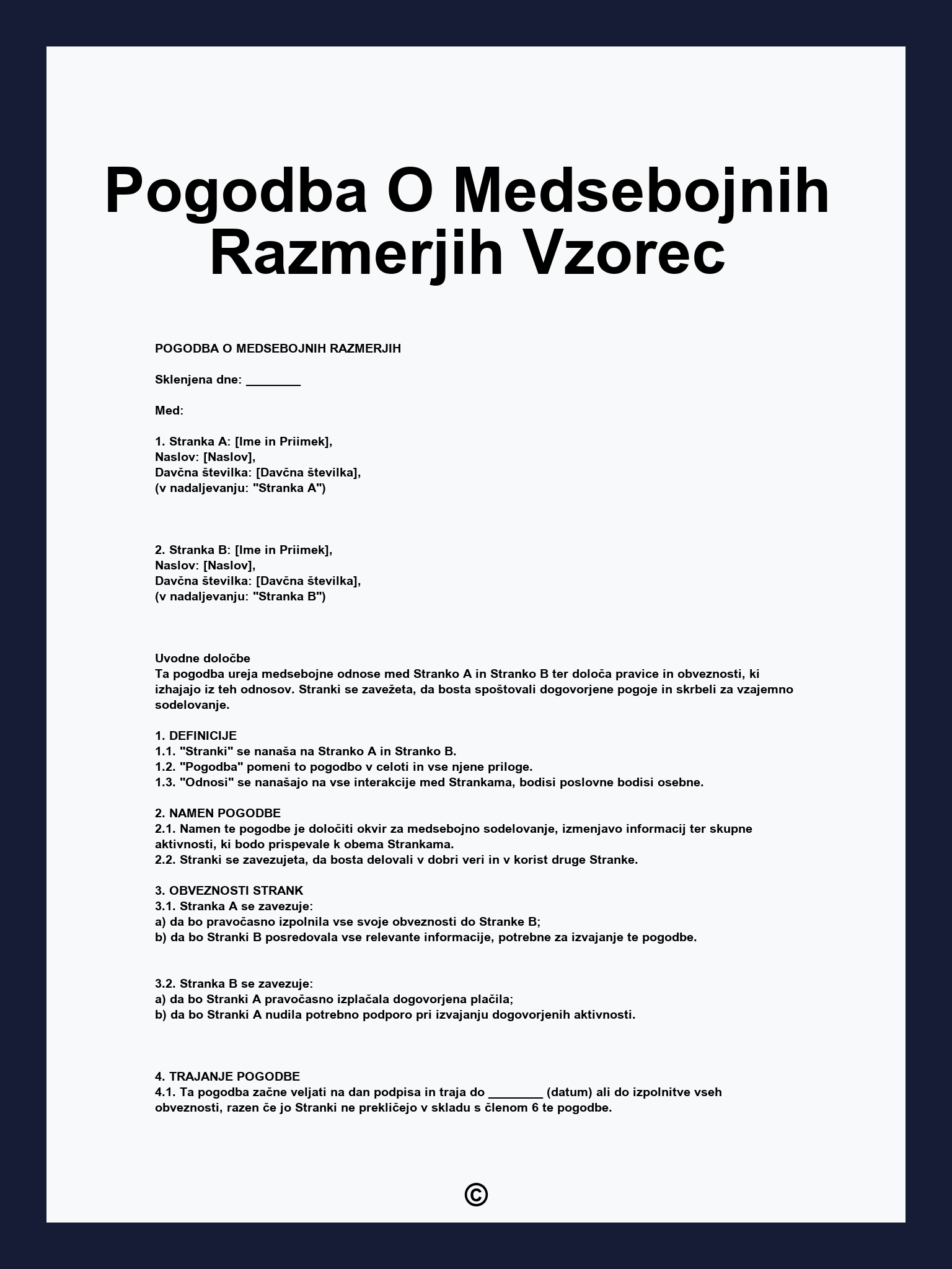 Pogodba O Medsebojnih Razmerjih Vzorec