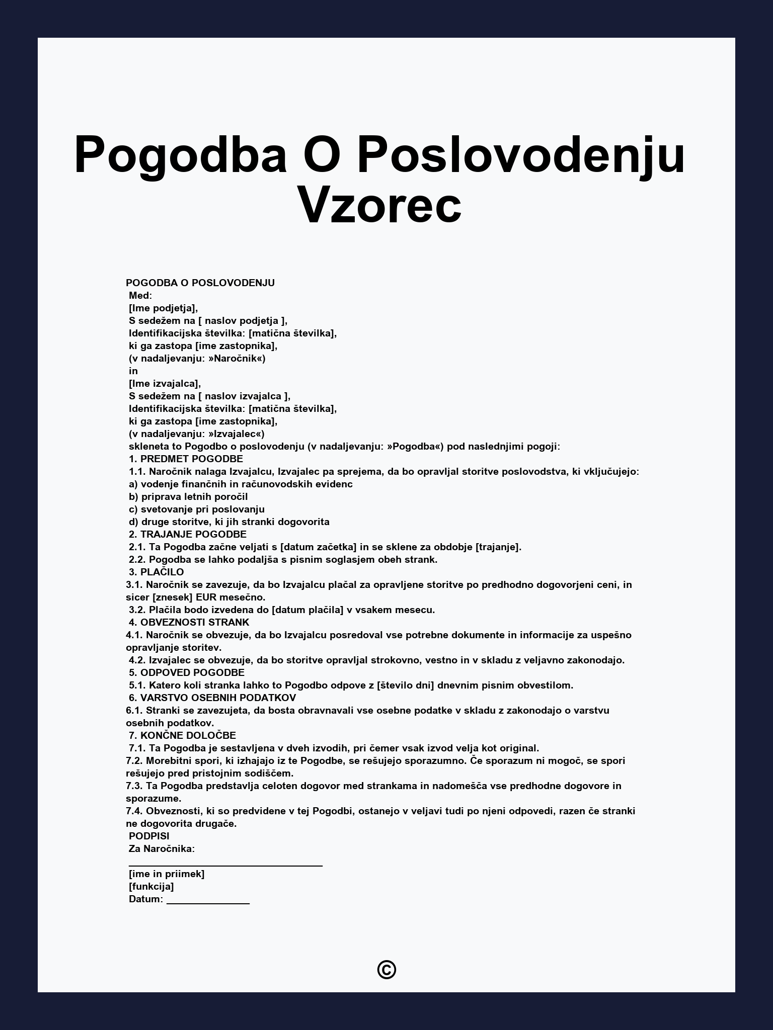 Pogodba O Poslovodenju Vzorec