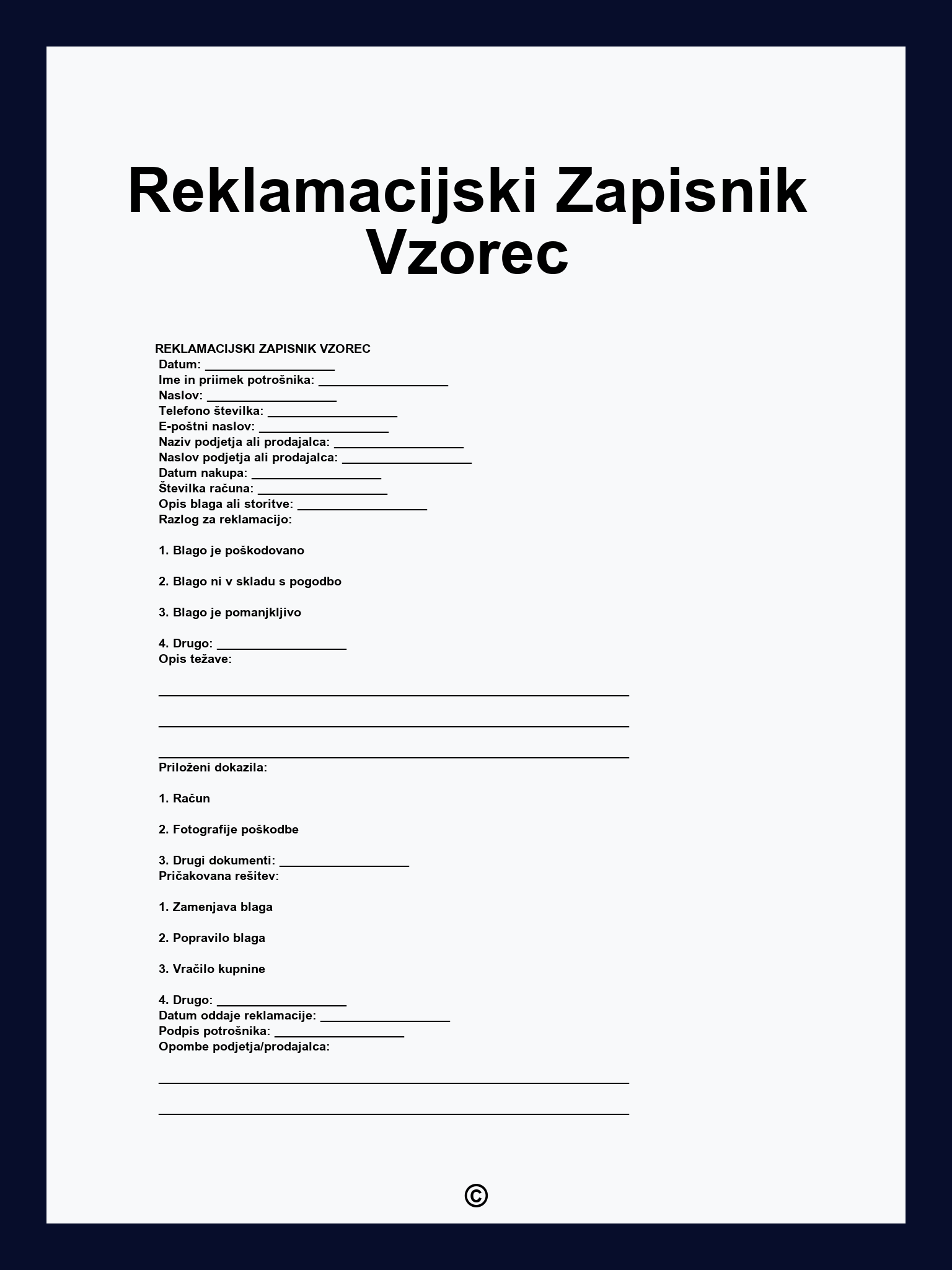 Reklamacijski Zapisnik Vzorec
