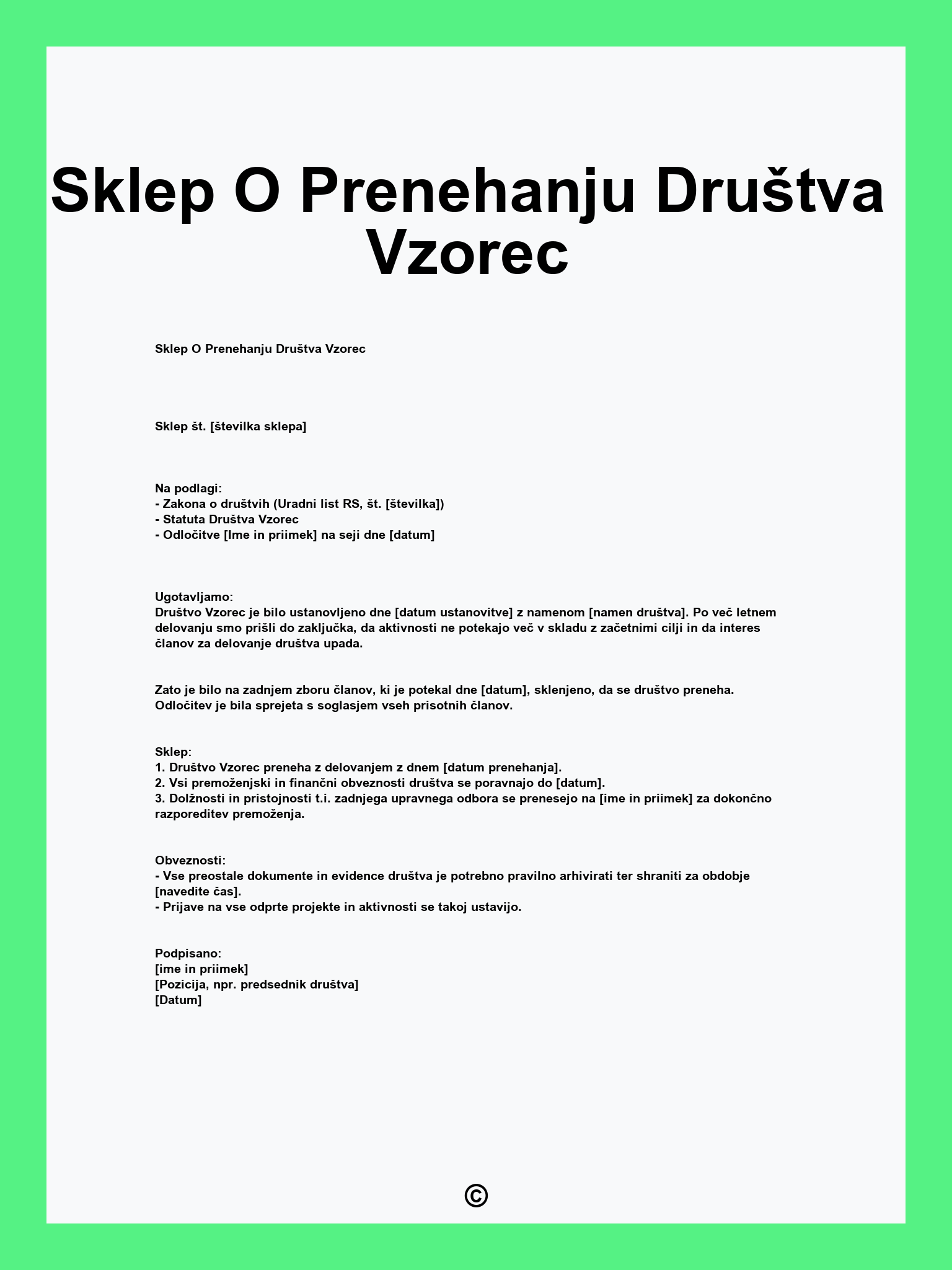 Sklep O Prenehanju Društva Vzorec