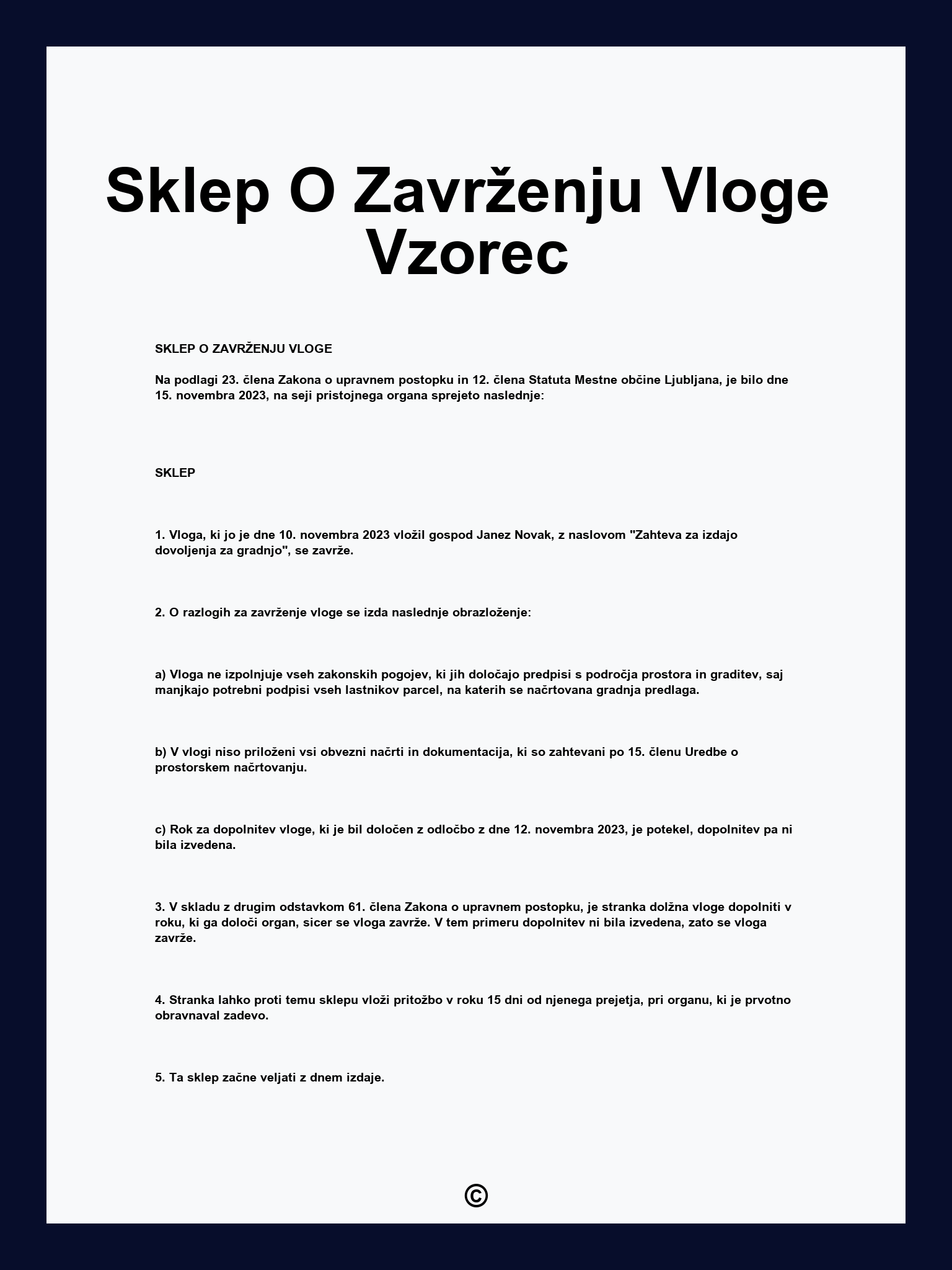 Sklep O Zavrženju Vloge Vzorec