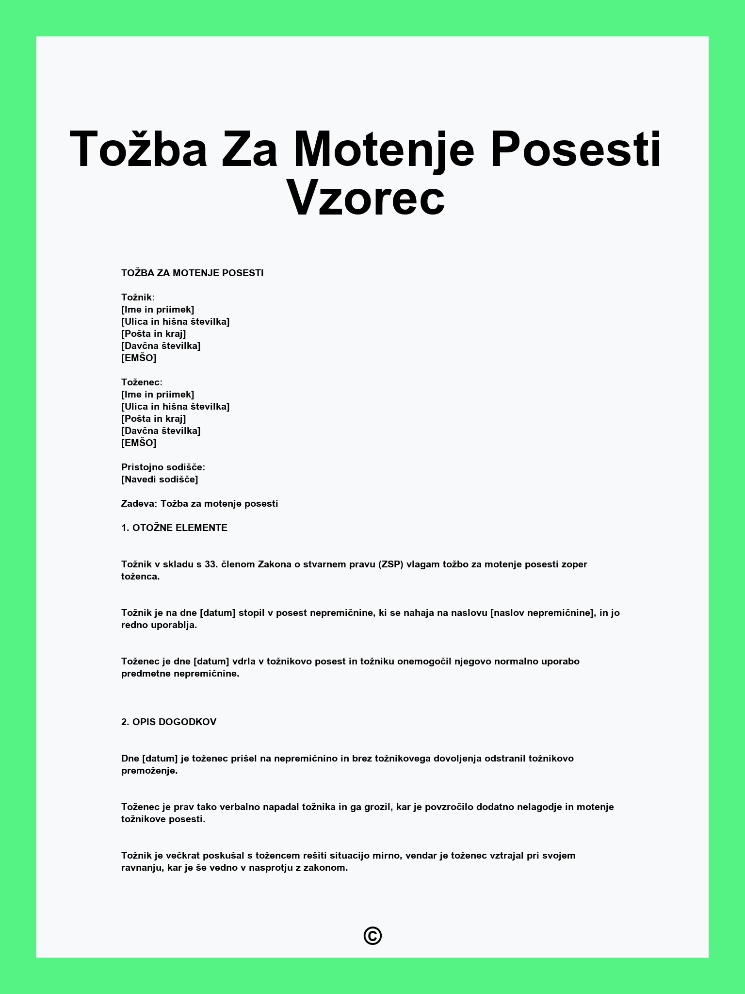Tožba Za Motenje Posesti Vzorec