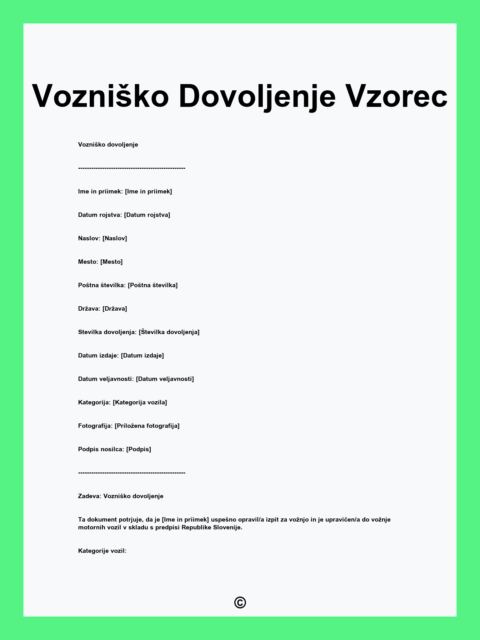 Vozniško Dovoljenje Vzorec